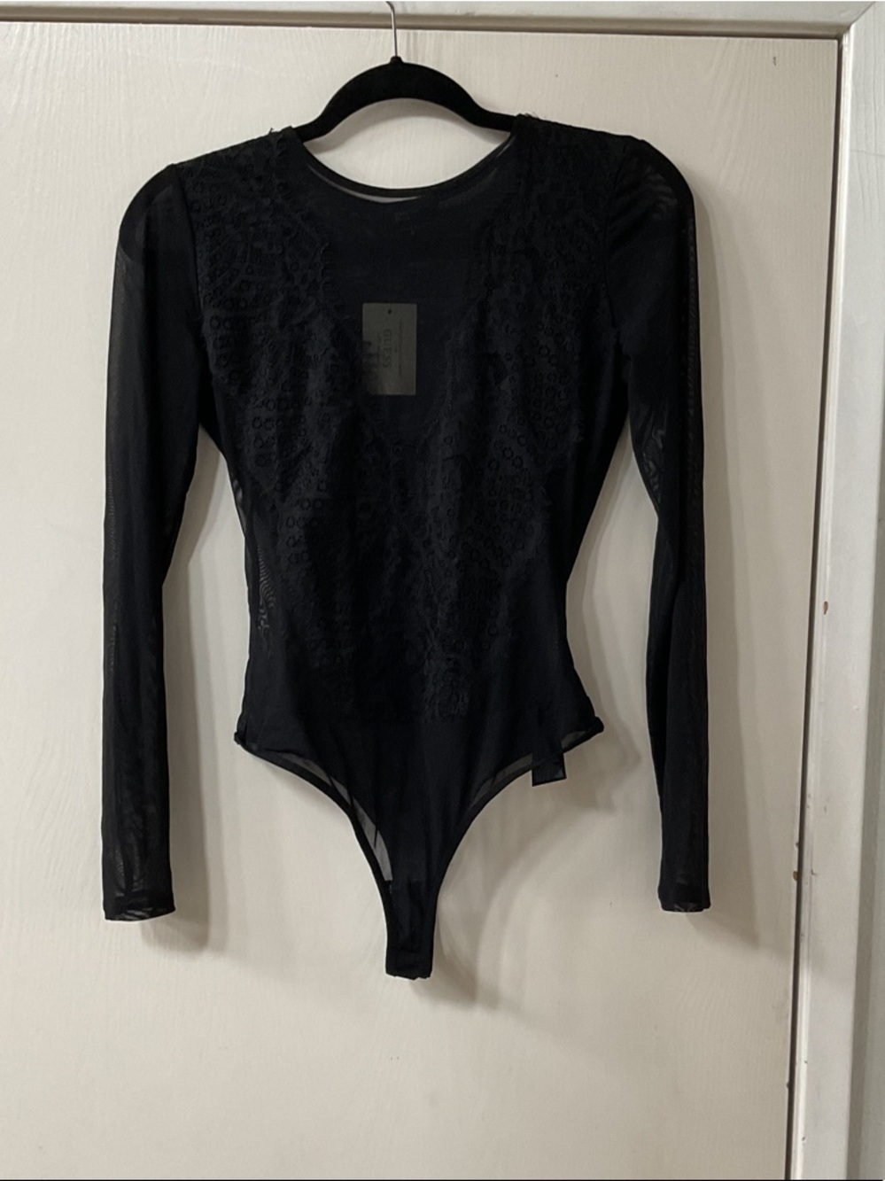 Marciano Sheer Lace-Panel Long Sleeve Black Bodysuit